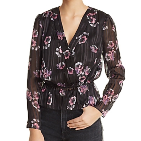 WAYF Women's Virginia Floral Peplum Blouse Sheer Metallic Black Pink XS NWT - Picture 1 of 6
